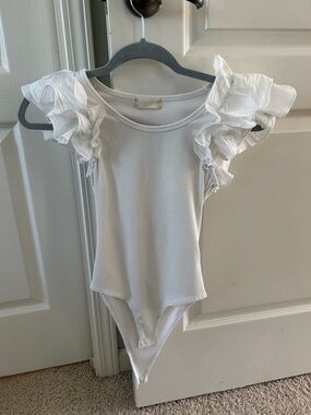 Altar'd State White Ruffle Sleeve Ribbed Bodysuit